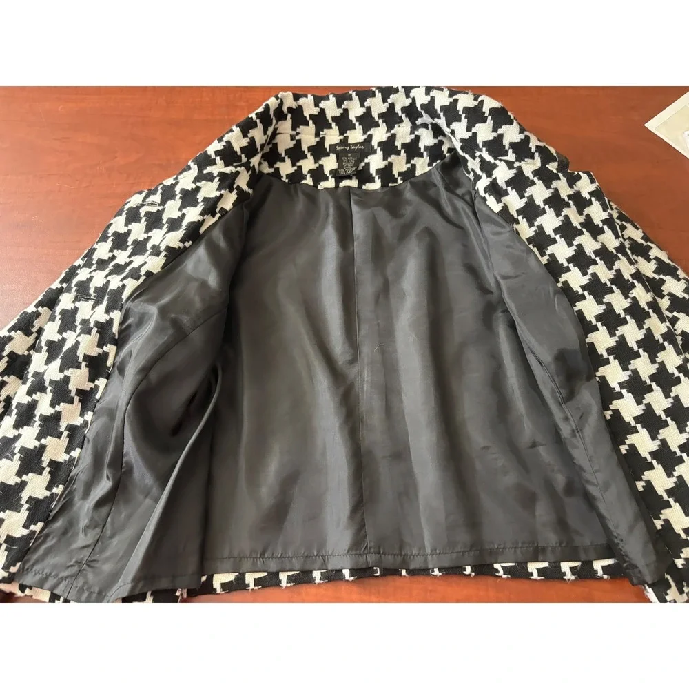 Sunny Taylor Womens Houndstooth Cropped Swing Jacket Black White Size 10 Trim - Picture 5 of 6
